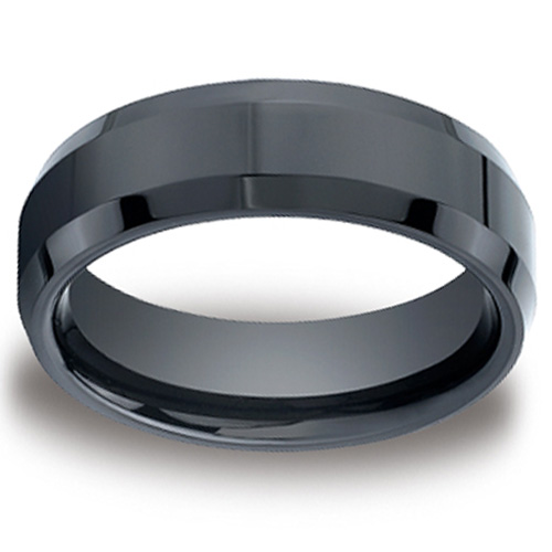 7mm Satin Center Comfort-Fit Polished Beveled Black Ceramic Ring
