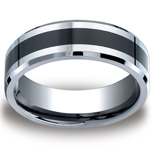 Men's 7mm Comfort-Fit Black Ceramic-Inlay Beveled Cobalt Ring