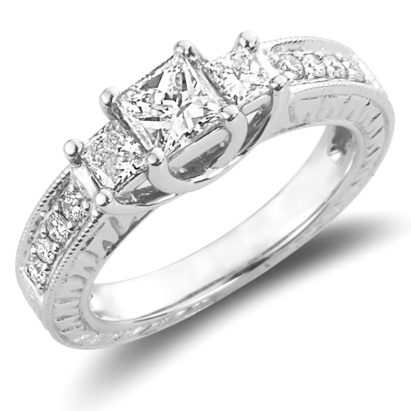 14K White Gold 3 Stone Princess Cut Diamond Engagement Ring